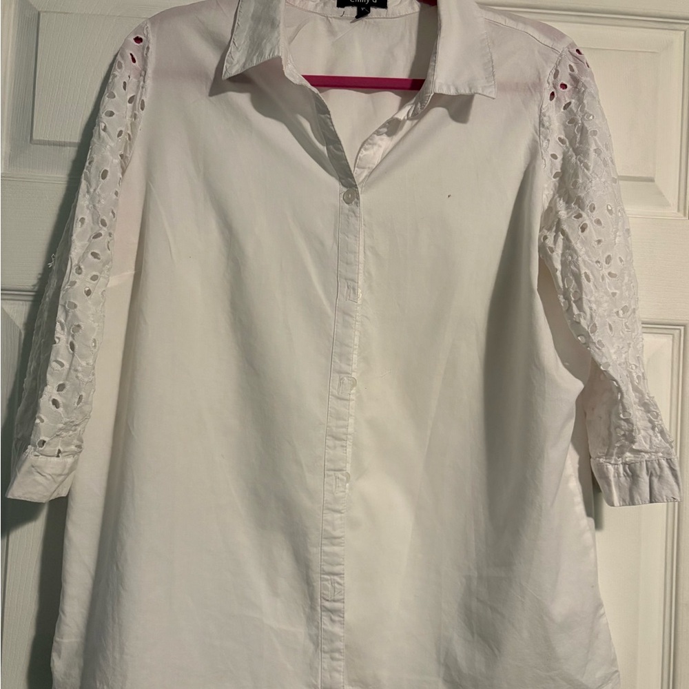 White Button-Front Eyelet Sleeve Women's Top